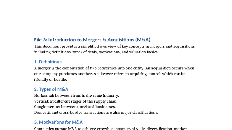 File 3: Overview of Mergers & Acquisitions Concepts - Studocu