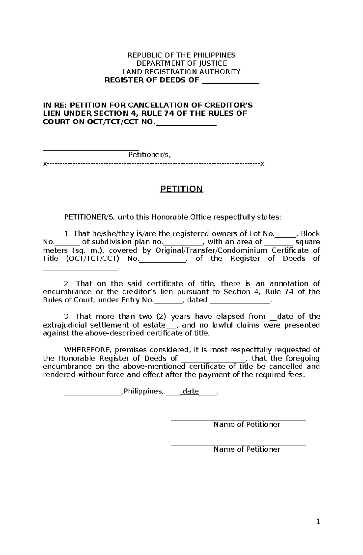 Petition for Cancellation of Creditor's Lien - Sec 4, Rule 74 - Studocu