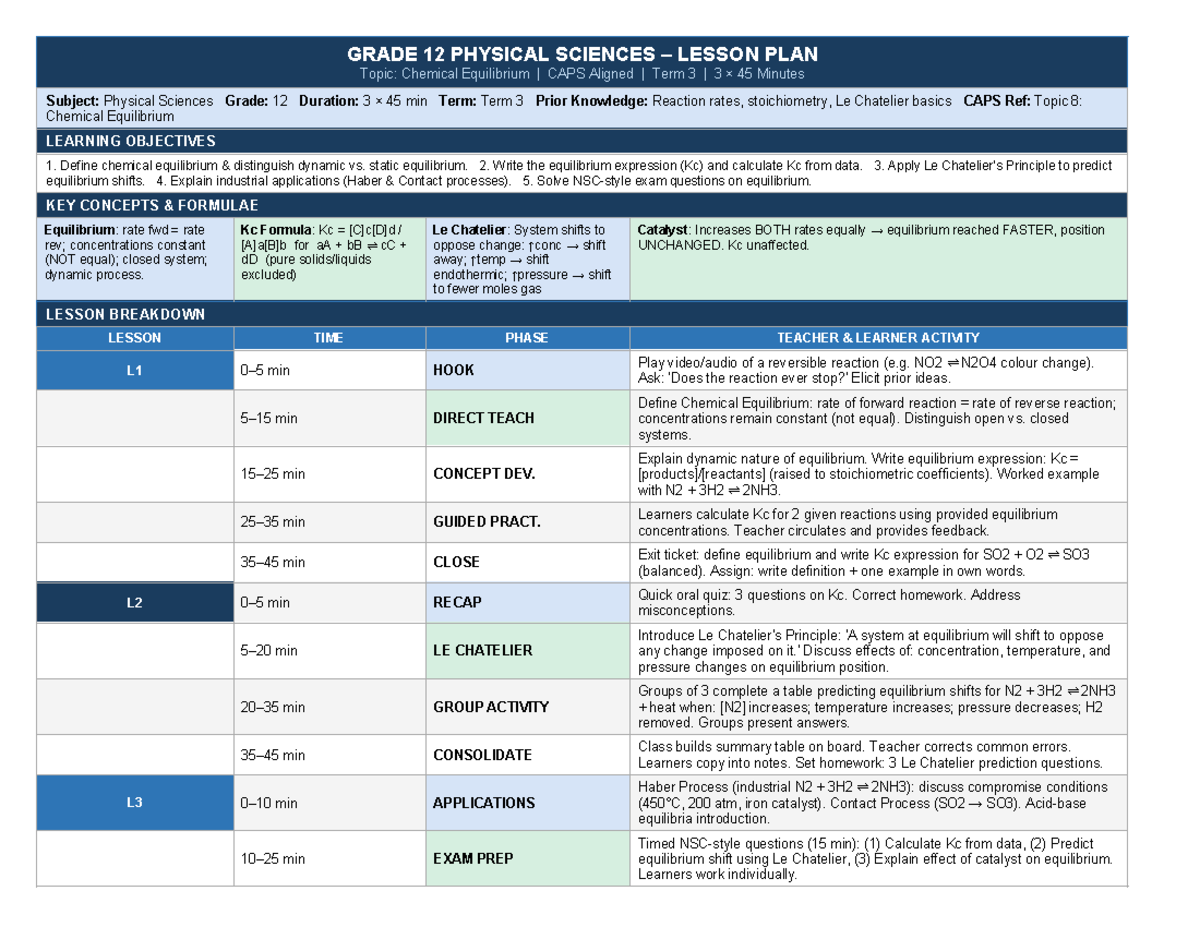 GRADE 12 PHYSICAL SCIENCES LESSON PLAN: Chemical Equilibrium (Term 3 ...