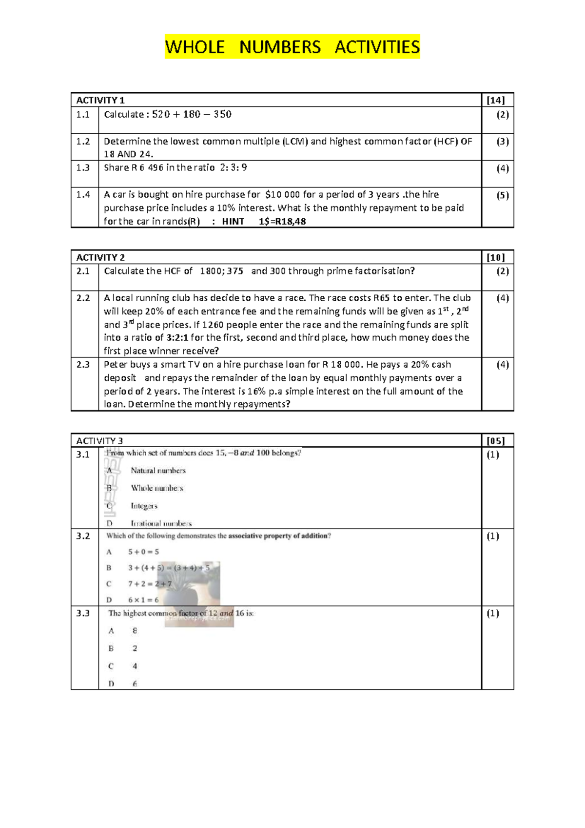 Whole Numbers Activities: Calculations & Problem Solving - Studocu