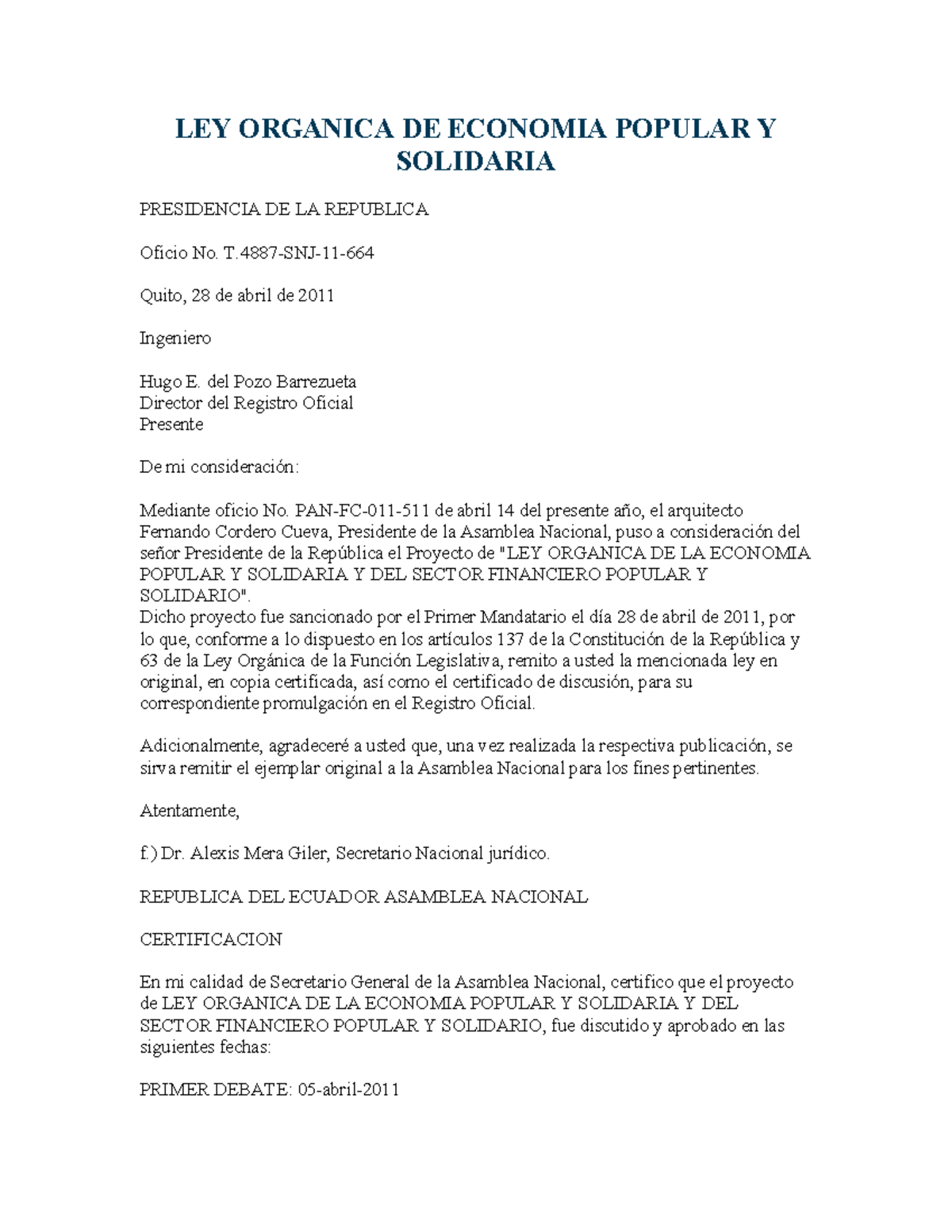 Ley Orgánica de Economía Popular y Solidaria - LEY ORGANICA DE ECONOMIA ...