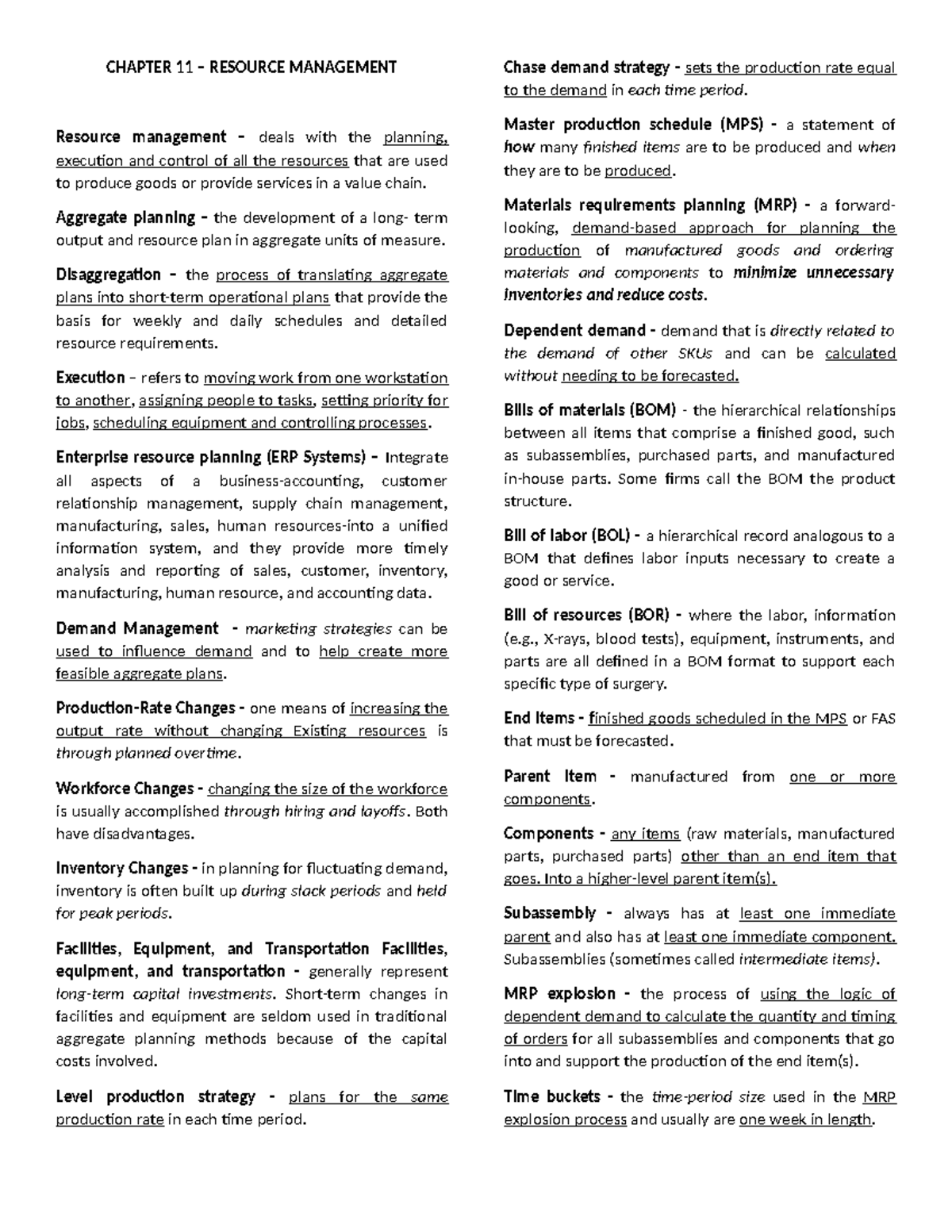 OM 11 Resource Management Final Exam Study Guide - Studocu