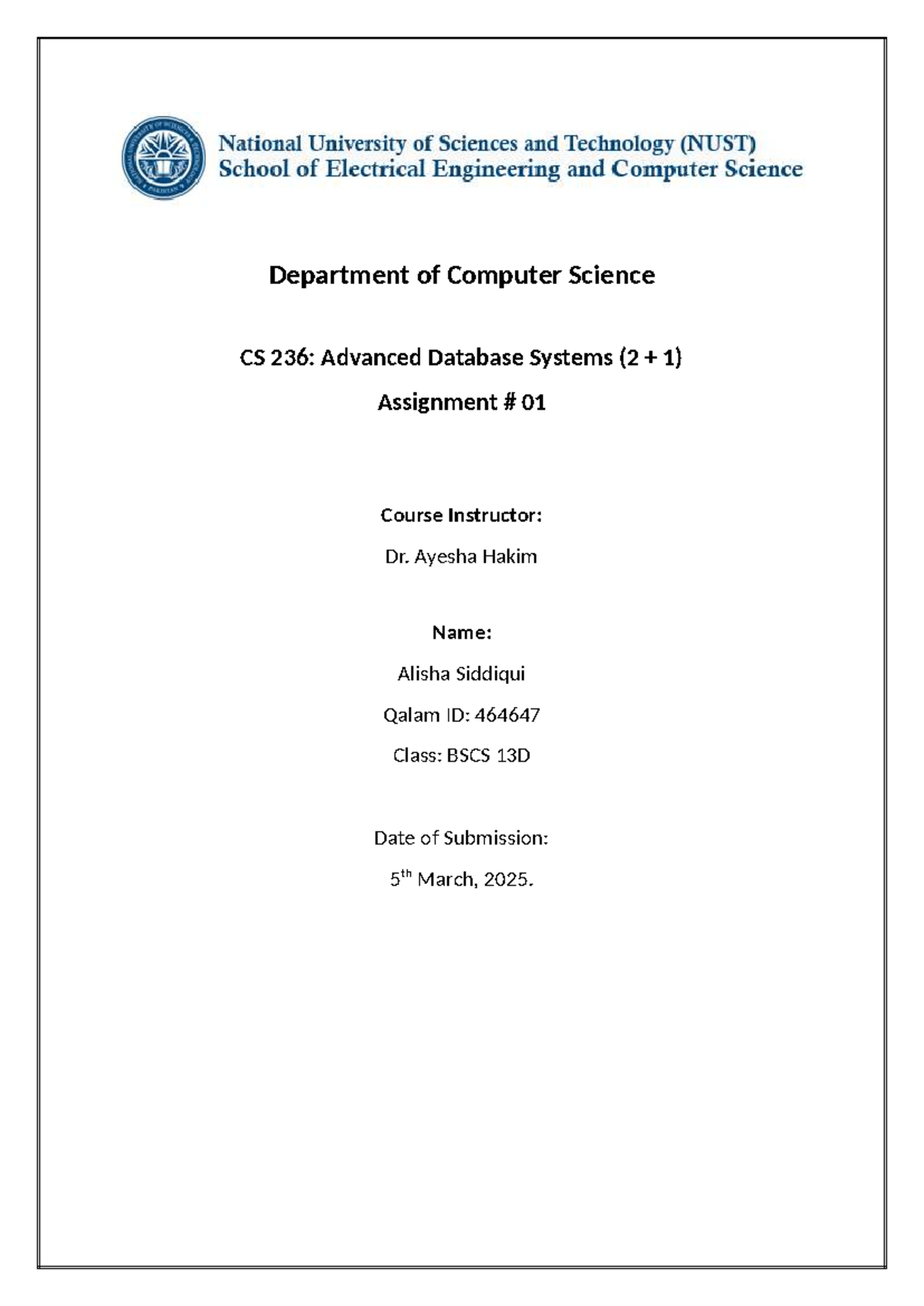 CS 236: Advanced Database Systems - PL/SQL Queries Assignment 01 - Studocu