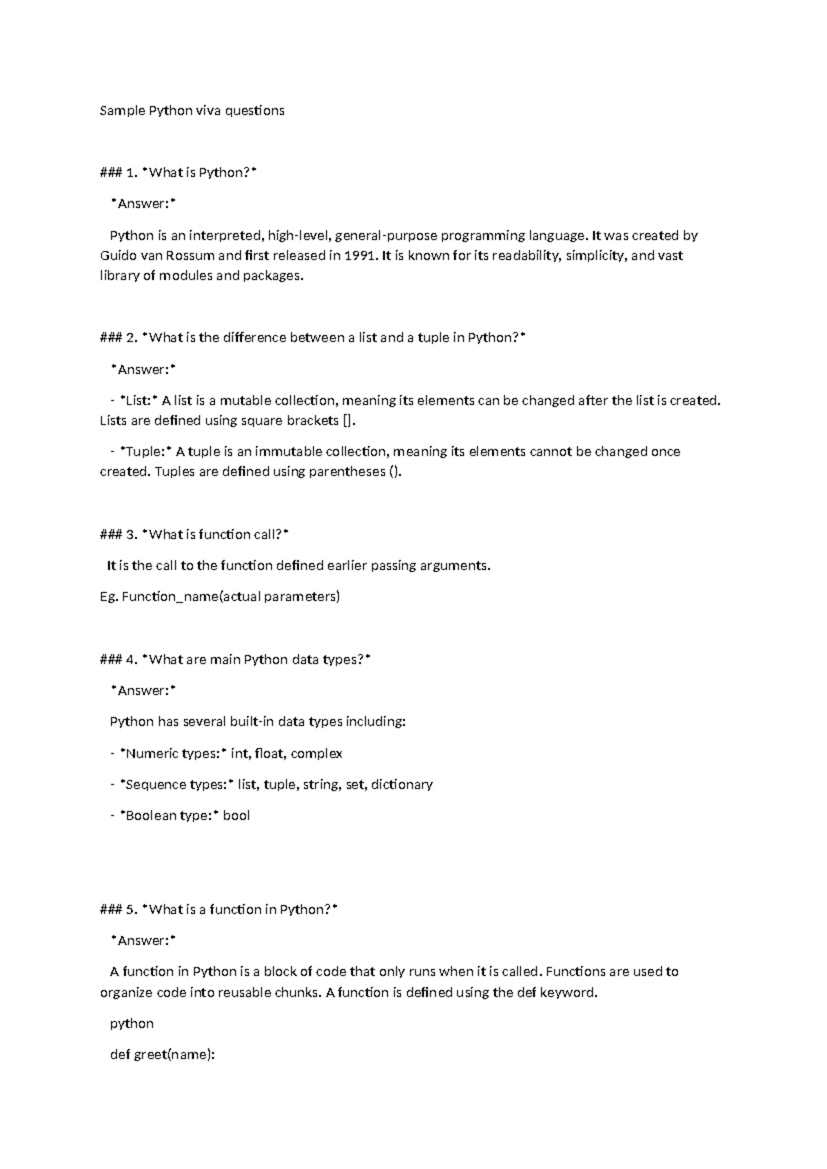 Python Viva Sample Questions and Answers for CS101 - Studocu