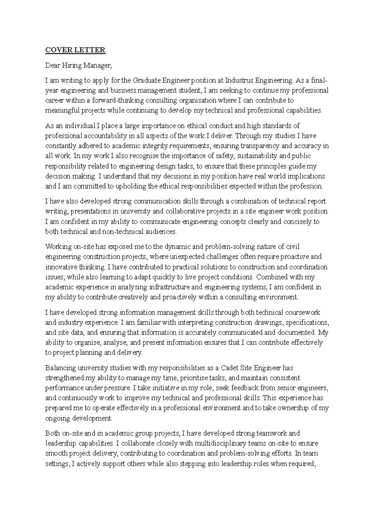 Professional Engineering Review - 2a: Graduate Engineer Cover Letter ...