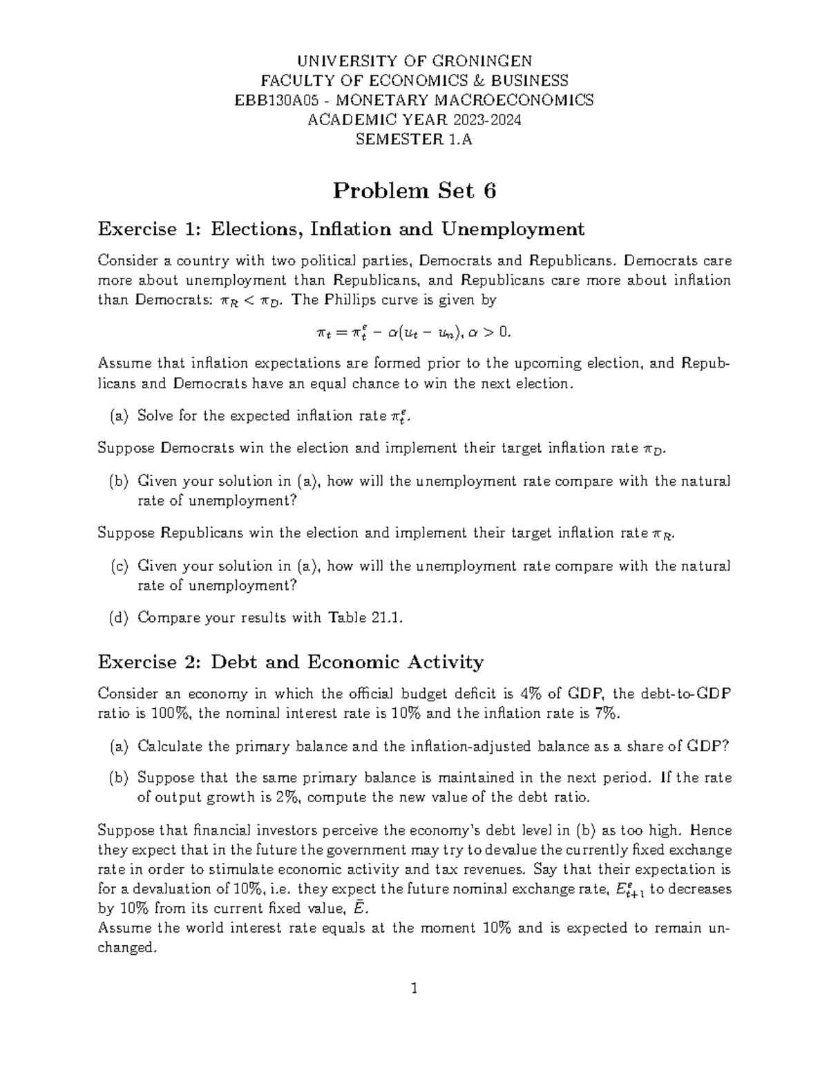 EBB130A05 - Monetary Macroeconomics Problem Set 6 Analysis - Studeersnel