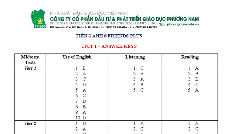 TIẾNG ANH 6 FRIENDS PLUS UNIT 1 MIDTERM TEST ANSWER KEYS - Studocu