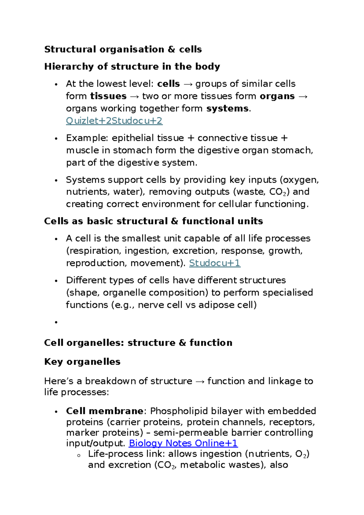 HB BIOLOGY Notes: Structural Organization of Cells and Body Systems ...