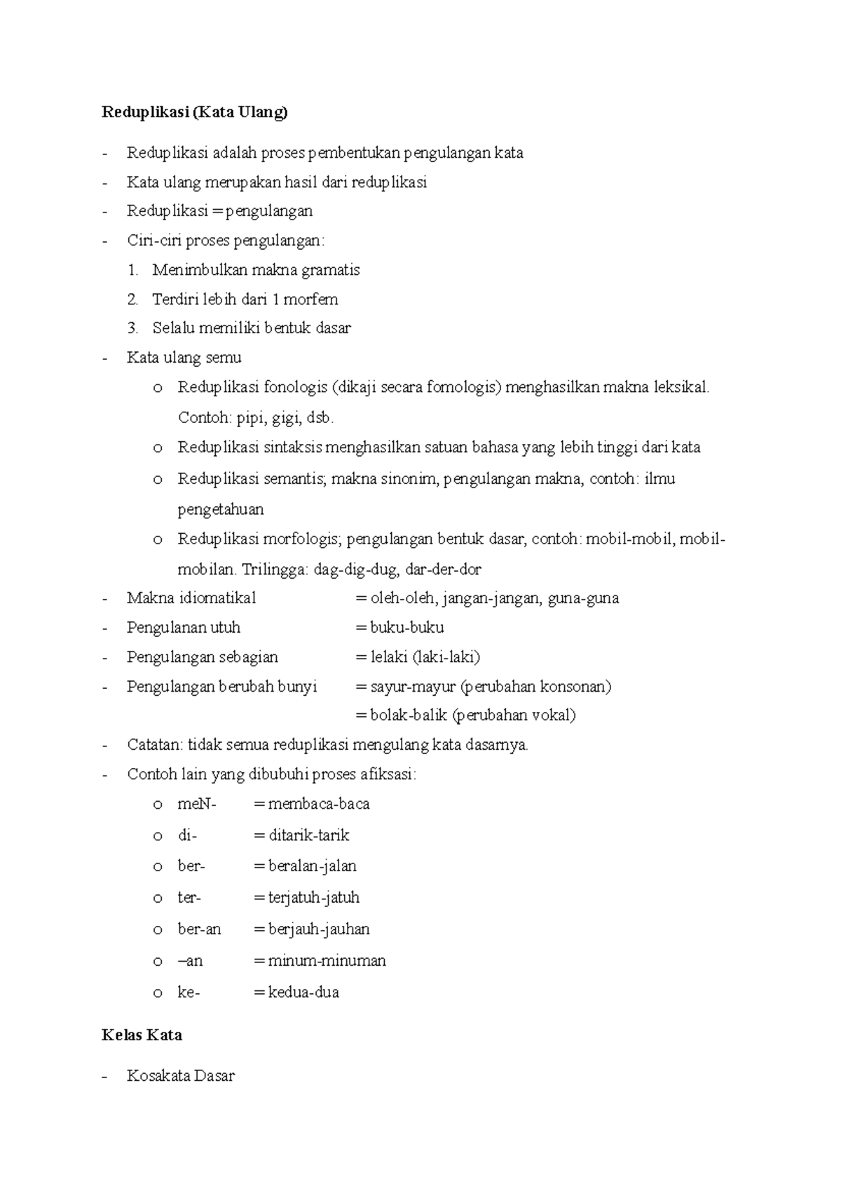 Lecture Notes: Morfologi Bahasa Indonesia - Reduplikasi dan Kelas Kata ...