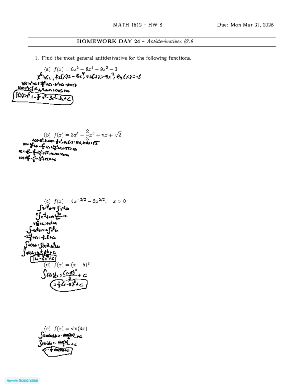 Math Homework 8 - MATH 1512 – HW 8 Due: Mon Mar 31, 2025 HOMEWORK DAY ...