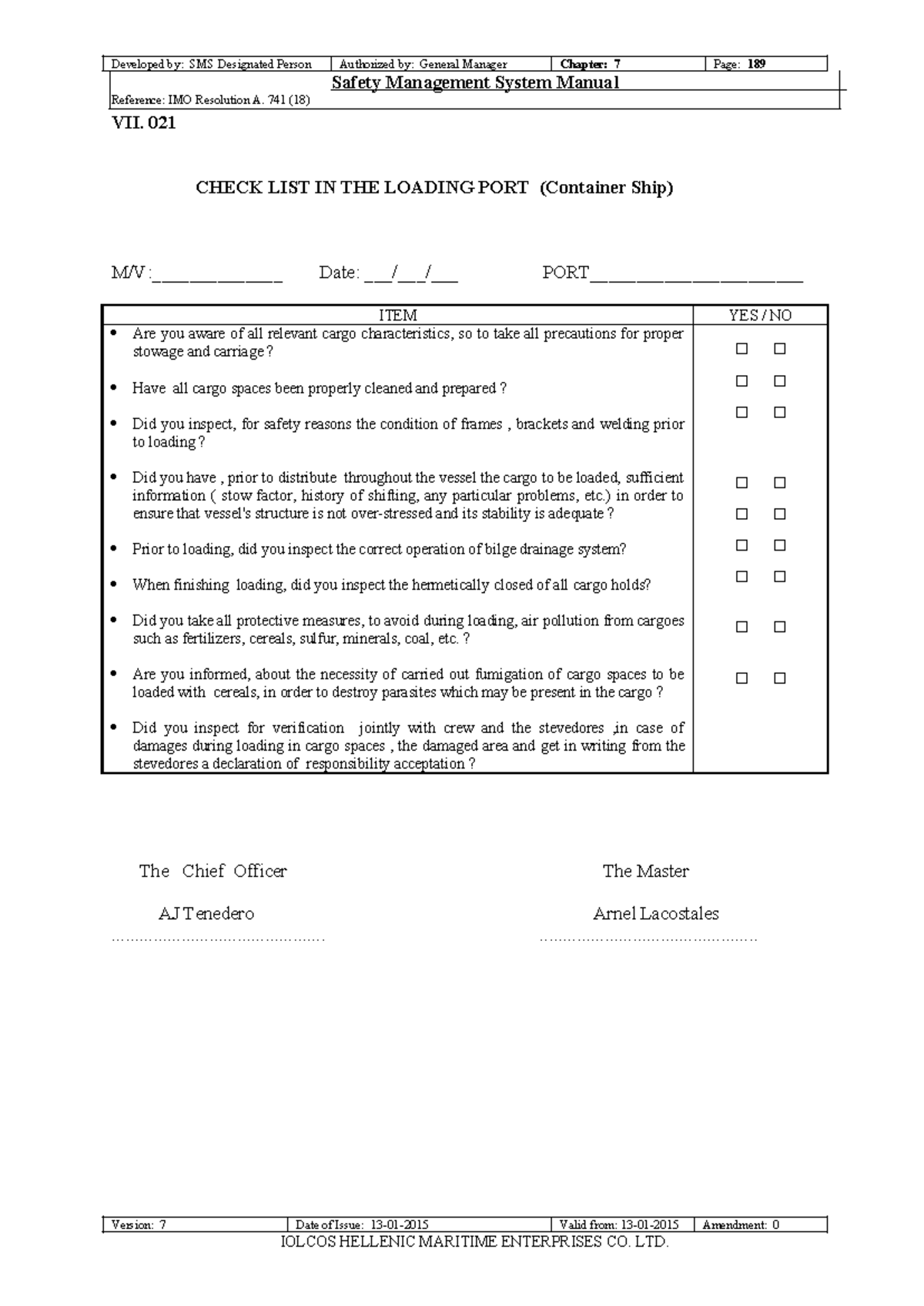 SMS Designated Person Checklist: Loading Port Procedures (Chapter 7 ...
