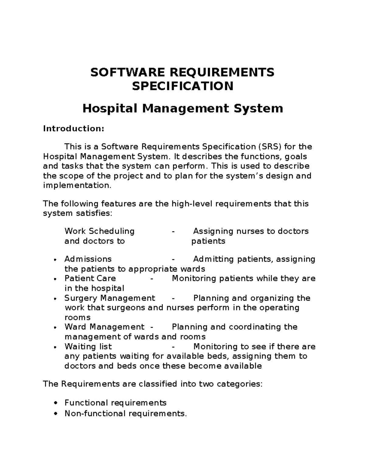 Software Requirement Specification (SRS) for HMS (Hospital Mgmt Sys ...