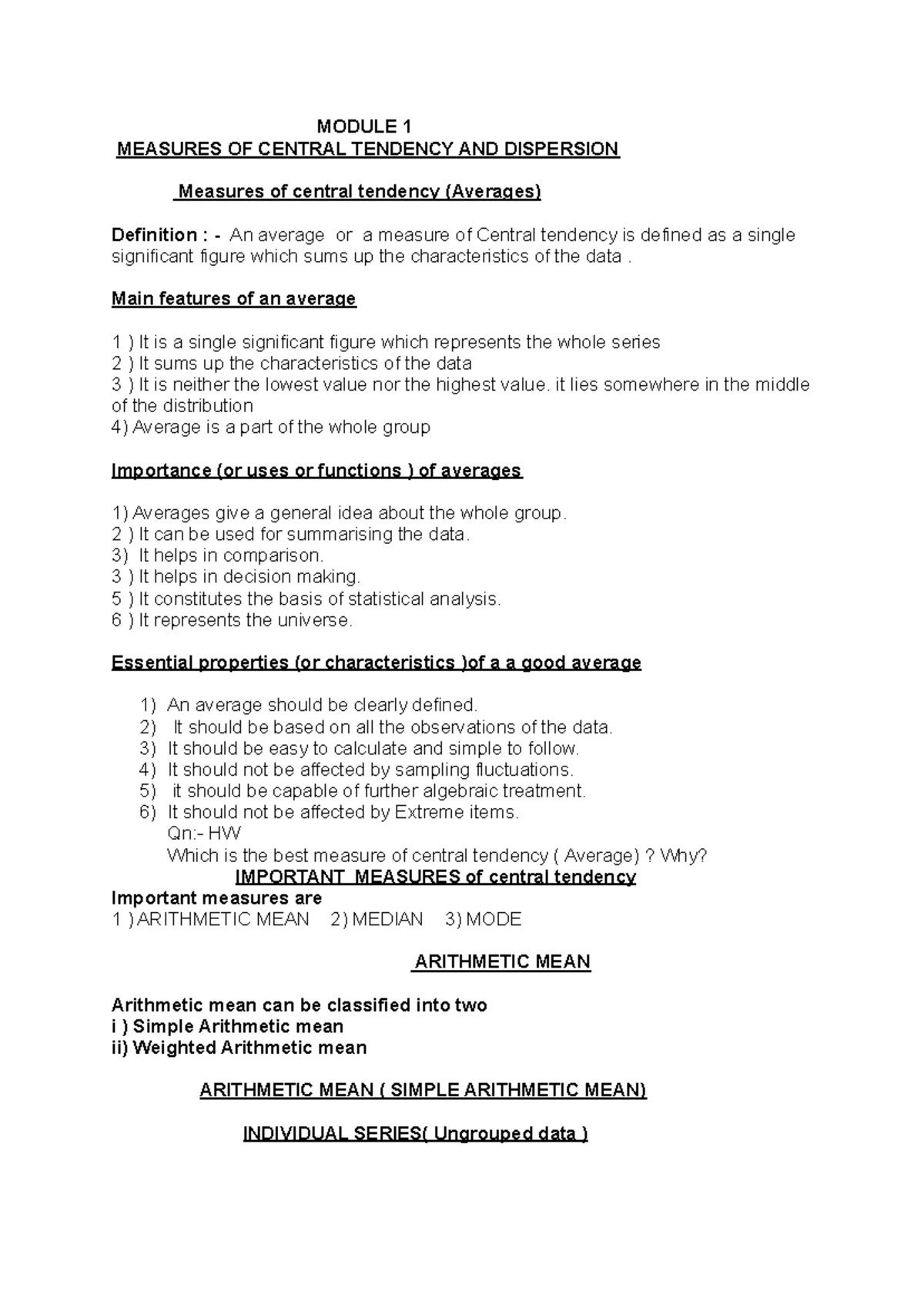 BCA FIRST SEM Statistics Module 1 - ####### MODULE 1 ####### MEASURES ...