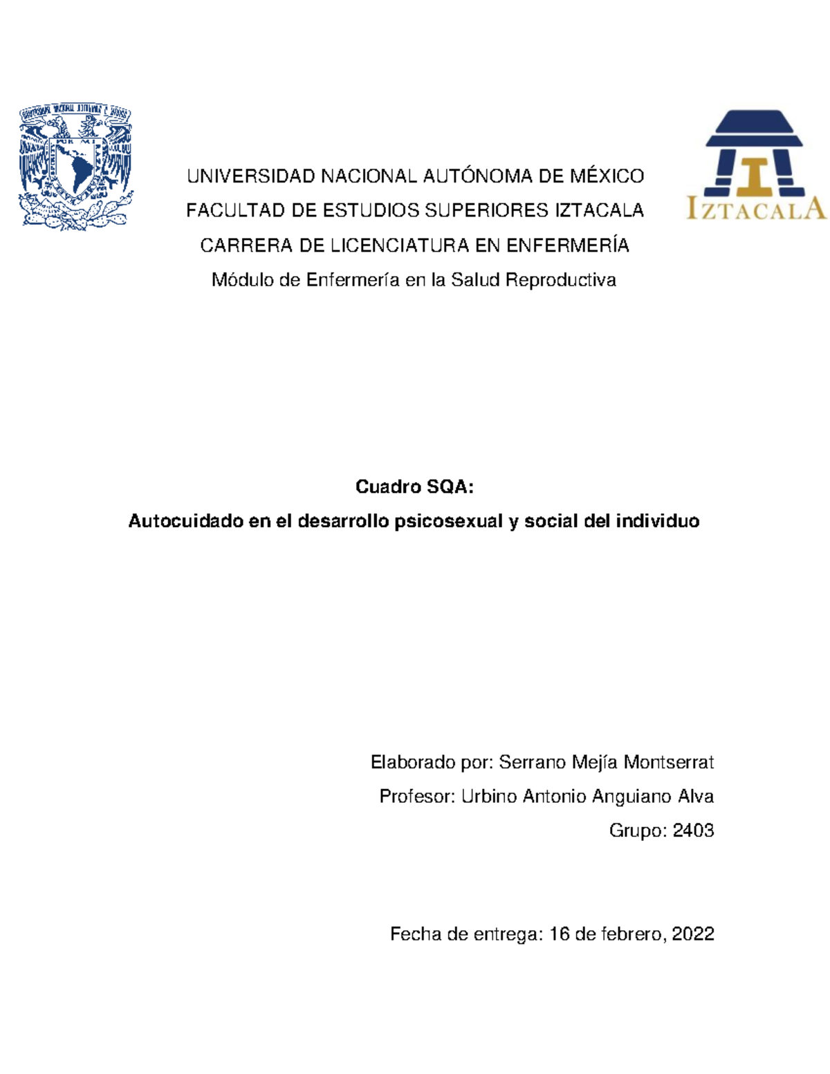 Cuadro SQA - Autocuidado en Desarrollo Psicosexual y Social - Document Preview