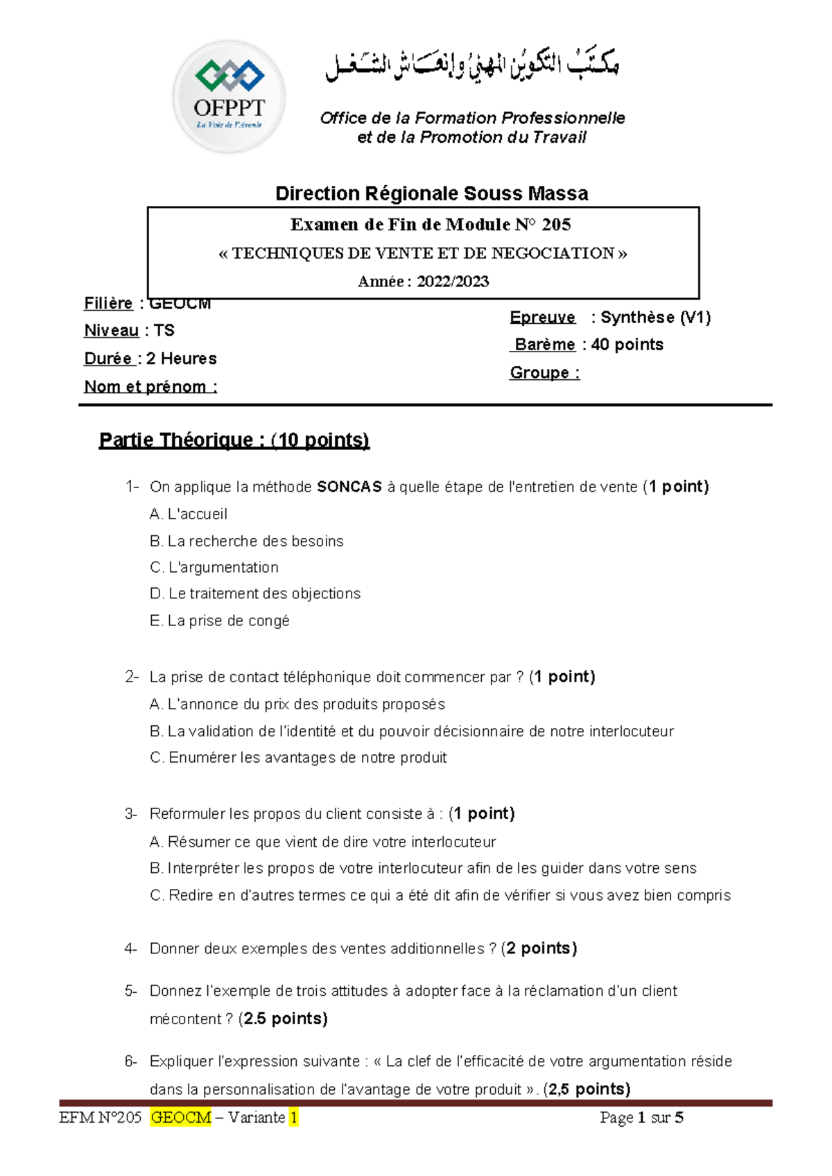 Examen de Fin de Module 205 EFM GEOCM Techniques de Vente V1 - Studocu