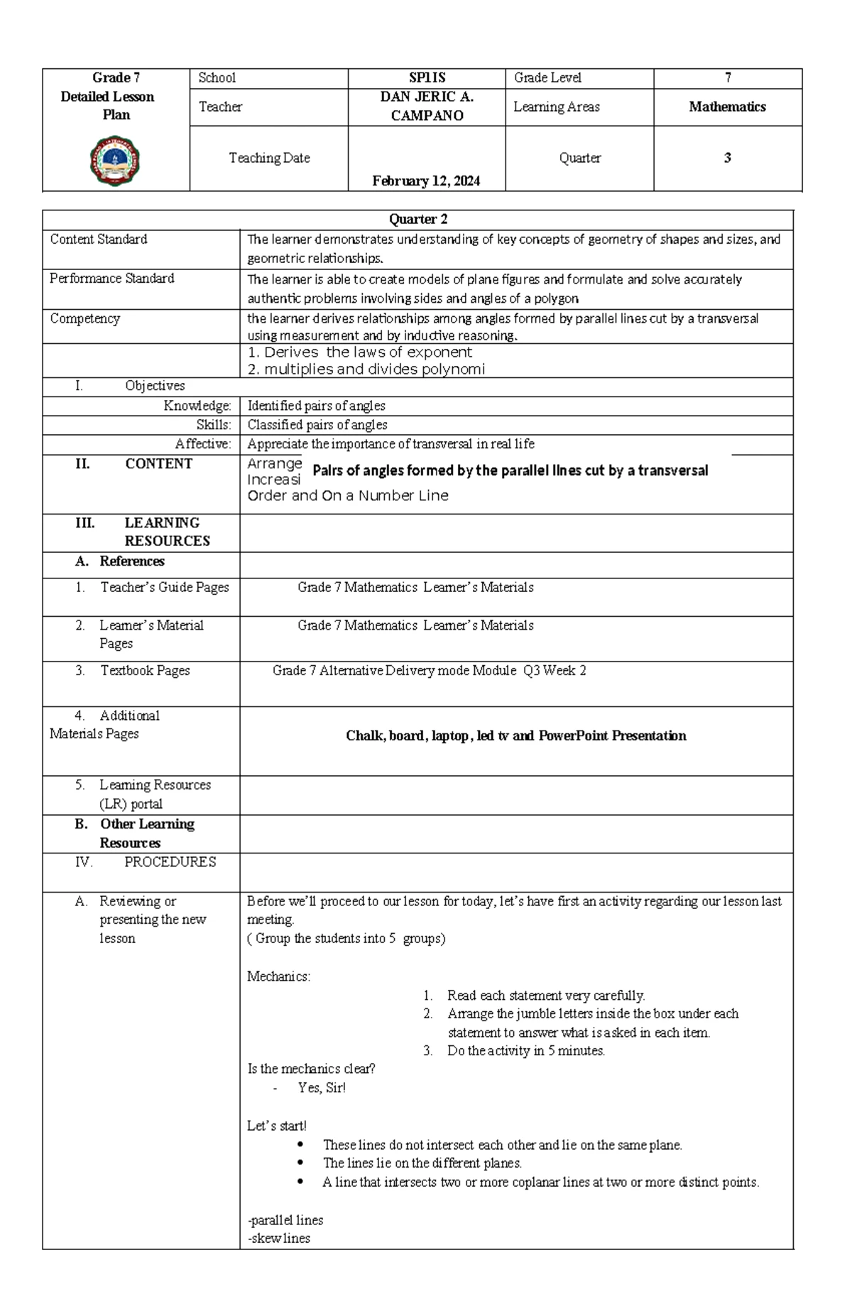 mathematics algebra - Department of Education REGION IV – A CALABARZON ...