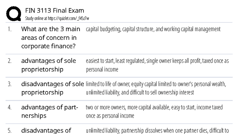 FIN 3113 Final Exam Study Guide: Key Concepts in Corporate Finance ...