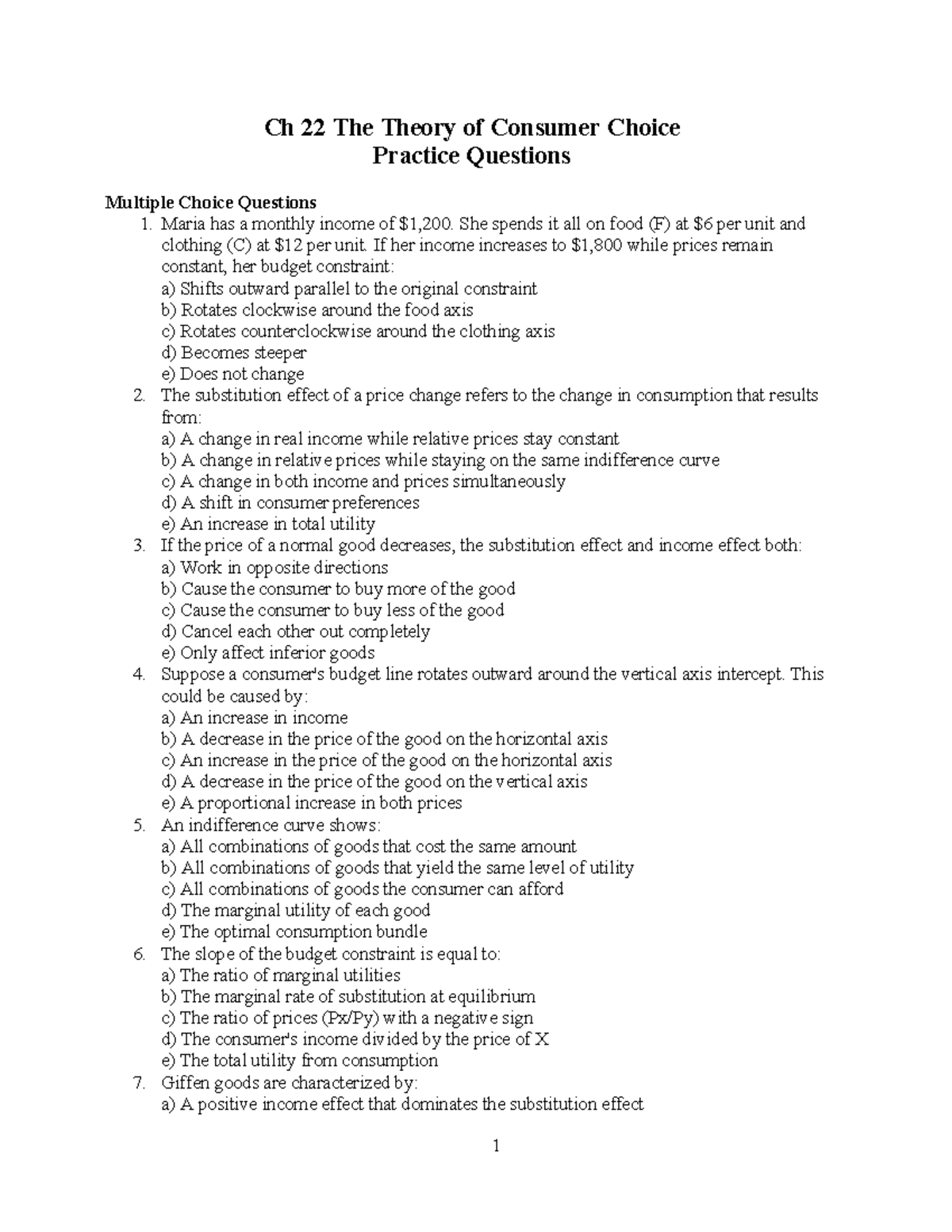 Ch 22 The Theory of Consumer Choice - Practice Questions - Studocu