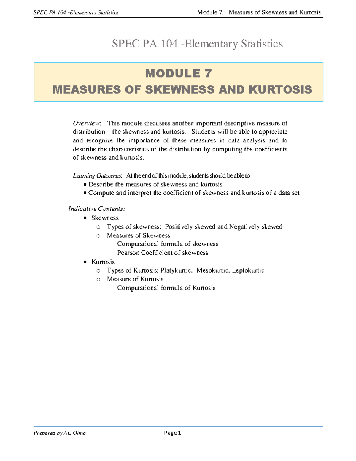 Module 7: Skewness and Kurtosis in Elementary Statistics (SPEC PA 104 ...