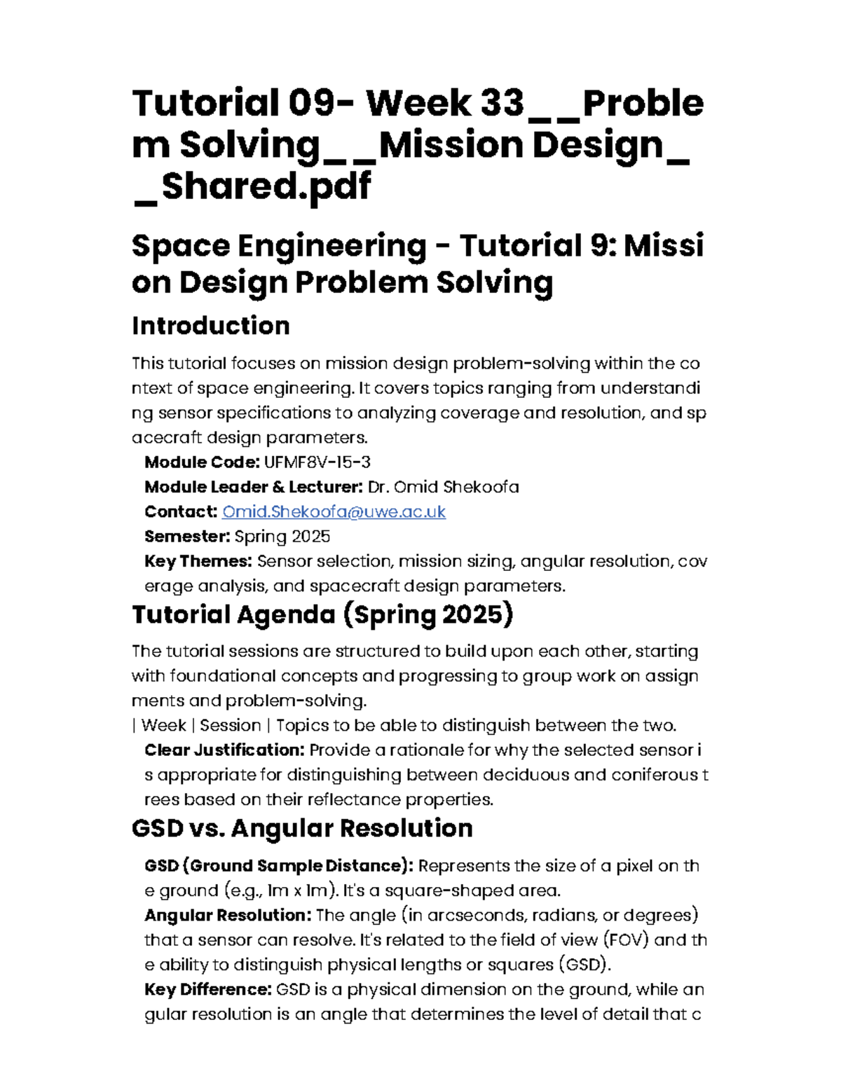 Space Engineering Tutorial 9: Mission Design Problem Solving (UFMF8V-15 ...