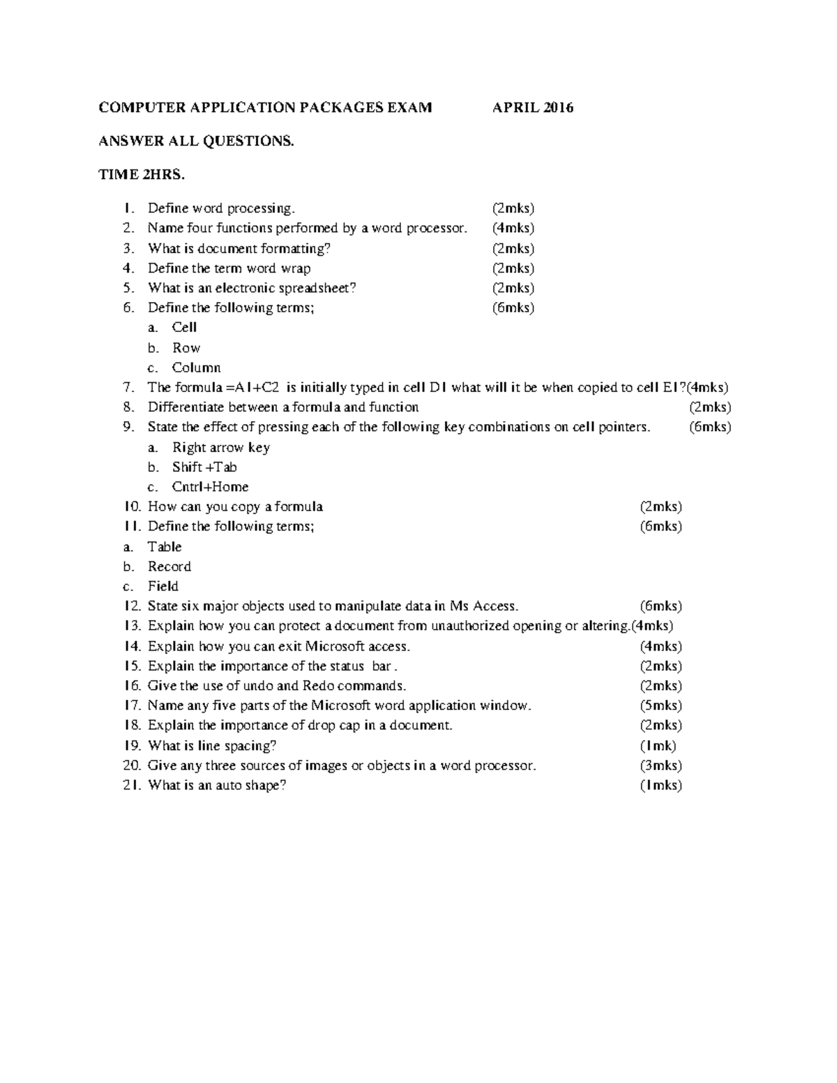 Application Packages Examapril 2016 - COMPUTER APPLICATION PACKAGES ...