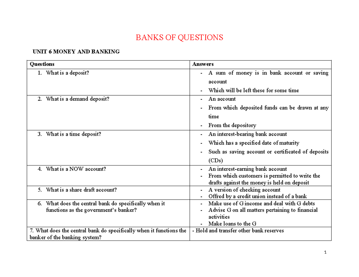 TACN2 - nom - BANKS OF QUESTIONS UNIT 6 MONEY AND BANKING Questions ...