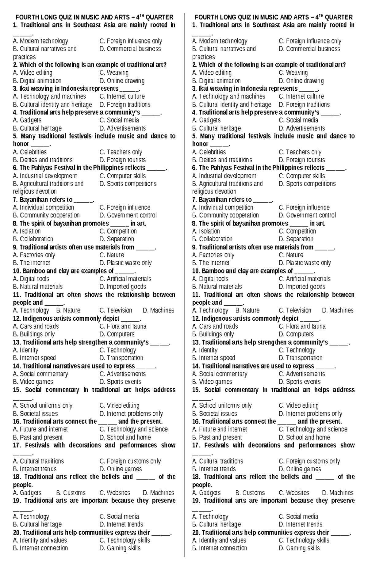 Fourth Long Quiz in Music and Arts (4th Quarter) - Studocu