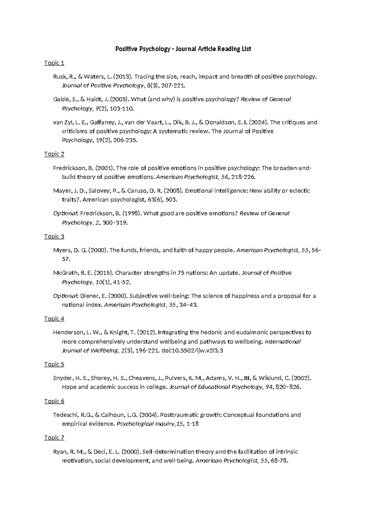 Positive Psychology - Journal Article Reading List (PSY 101) - Studocu