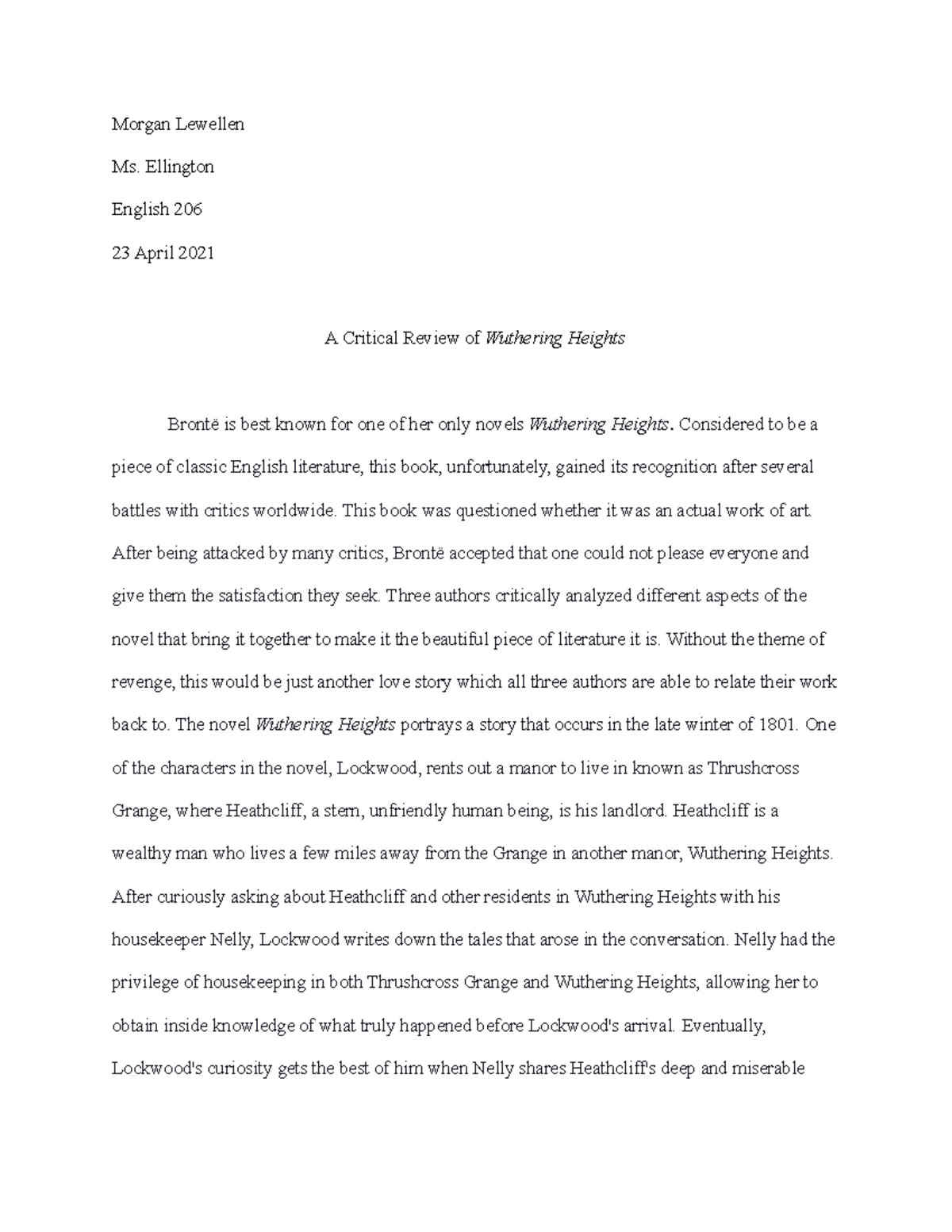Critical Analysis of Wuthering Heights in English 206 Research Paper ...