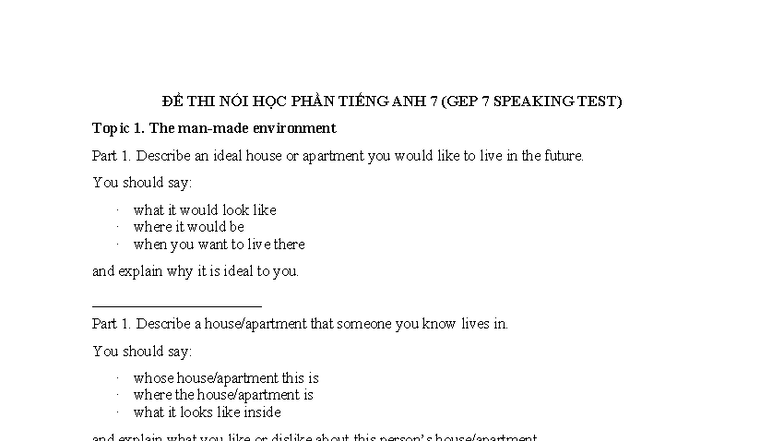 GEP 7 Speaking Test - Ideal House, Leisure, News, Travel Topics - Studocu