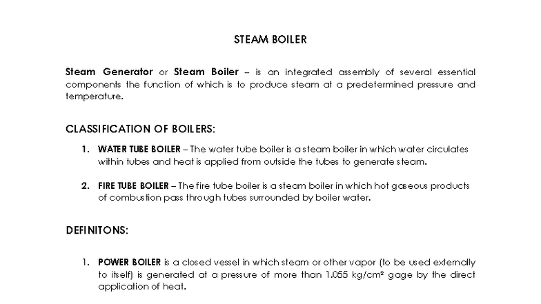 STEAM BOILER CLASSIFICATION & DEFINITIONS: A Comprehensive Guide - Studocu