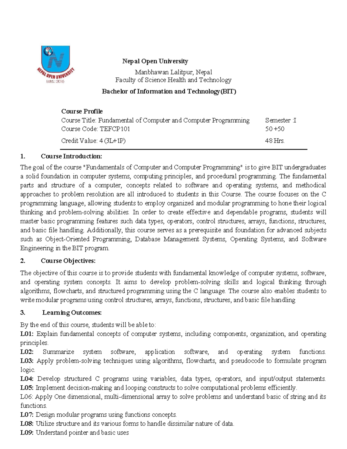 Fundamentals of Computer & Programming Syllabus - TEFCP101 - Studocu
