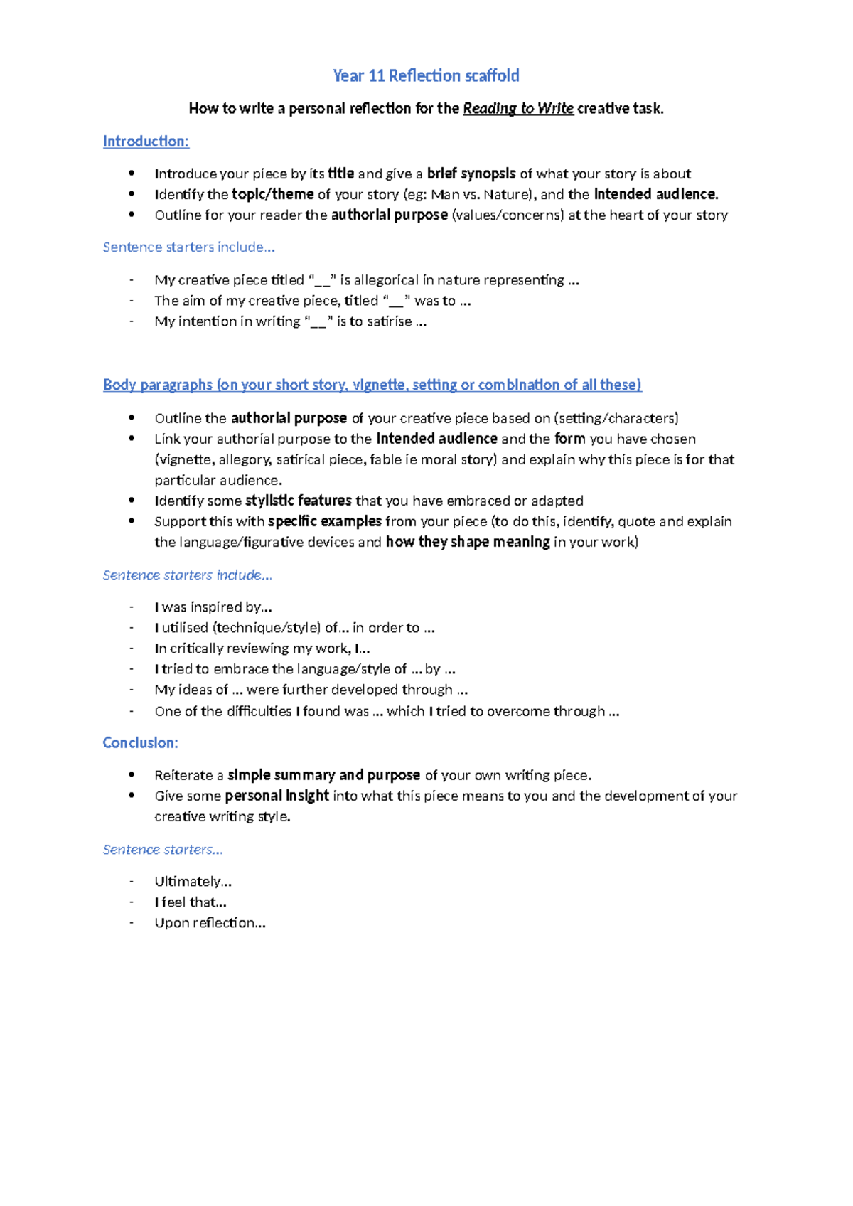 Year 11 Reflection Scaffold: Writing Personal Reflections for Creative ...