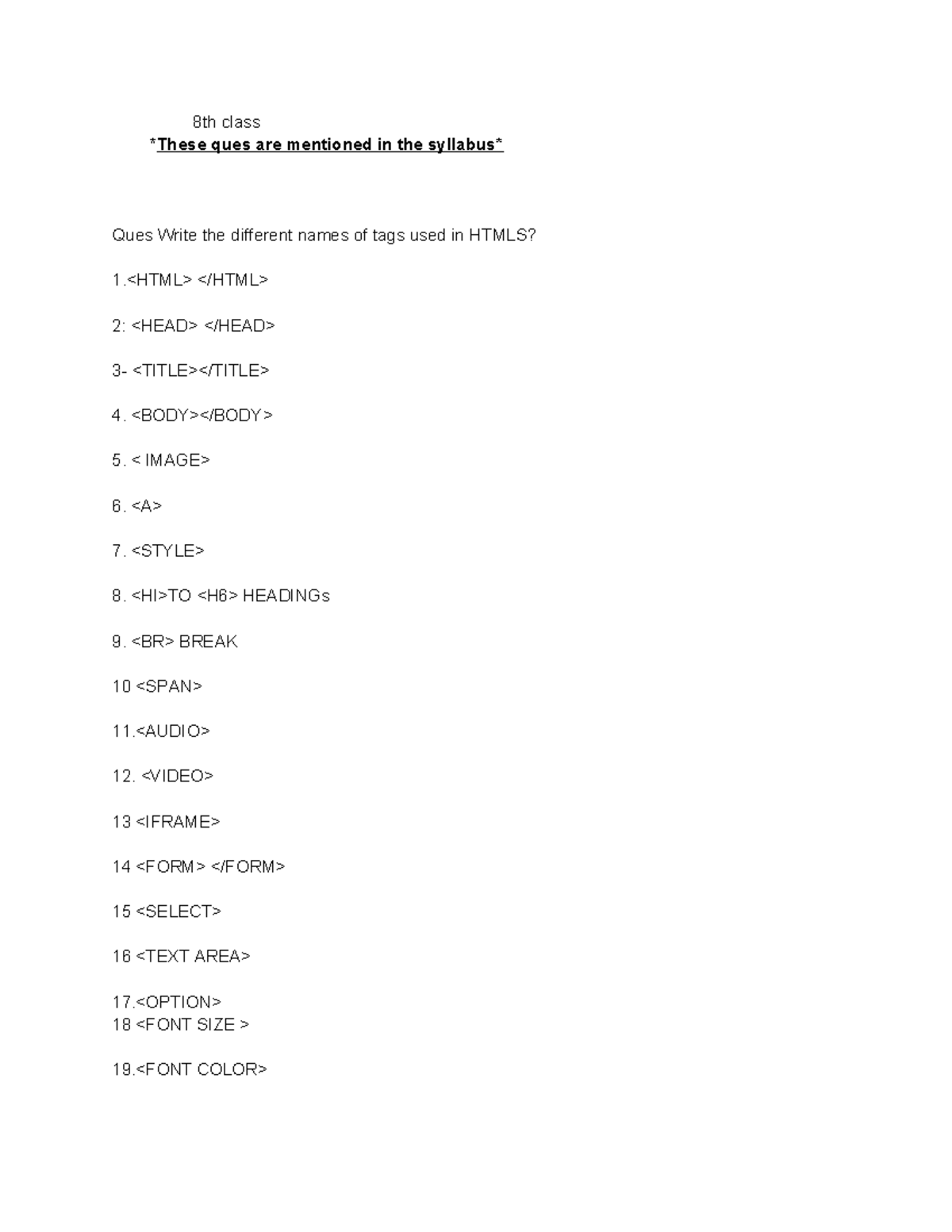 8th Class HTML Tags - Practical Information and Definitions - Studocu