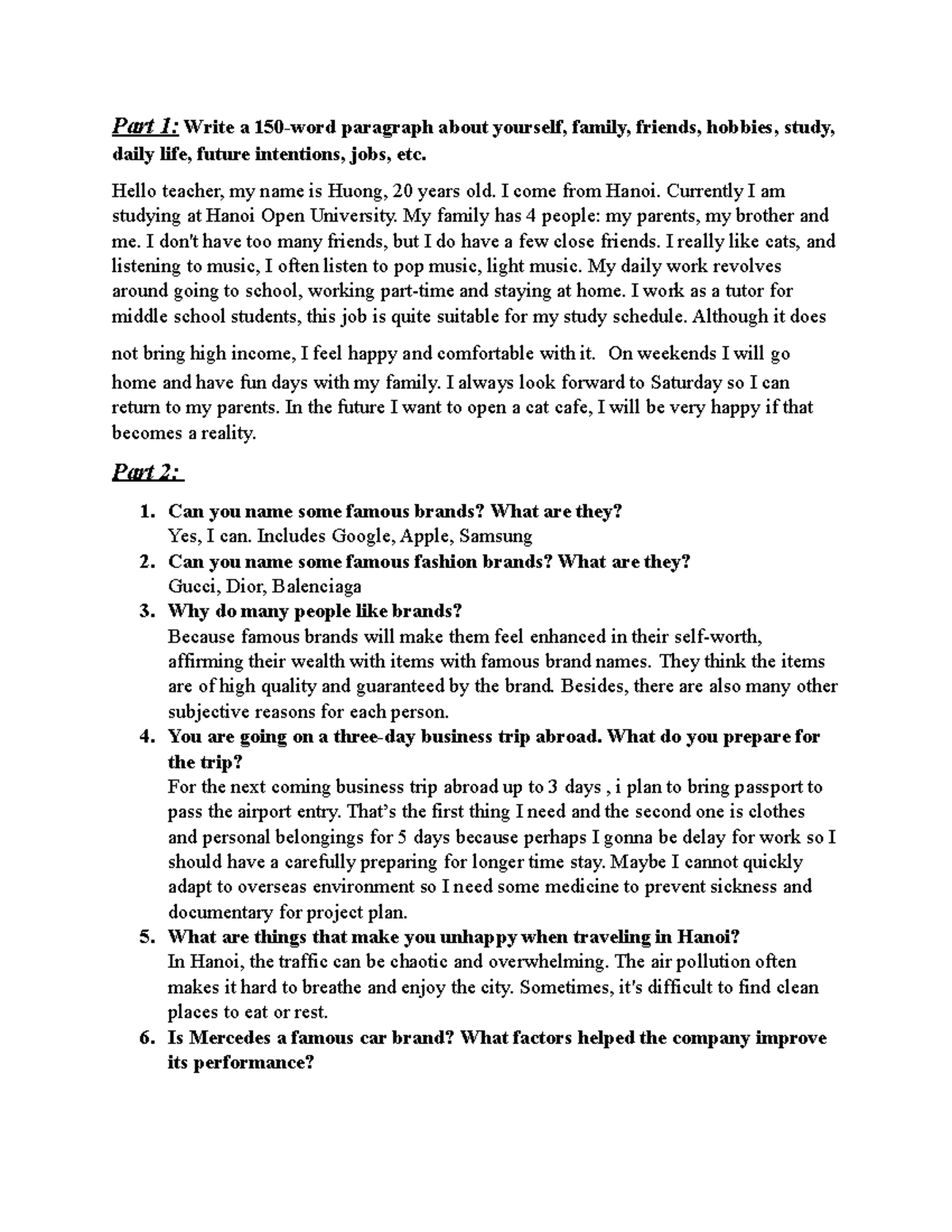 Assignment 1 - Đề cương - Part 1: Write a 150-word paragraph about ...