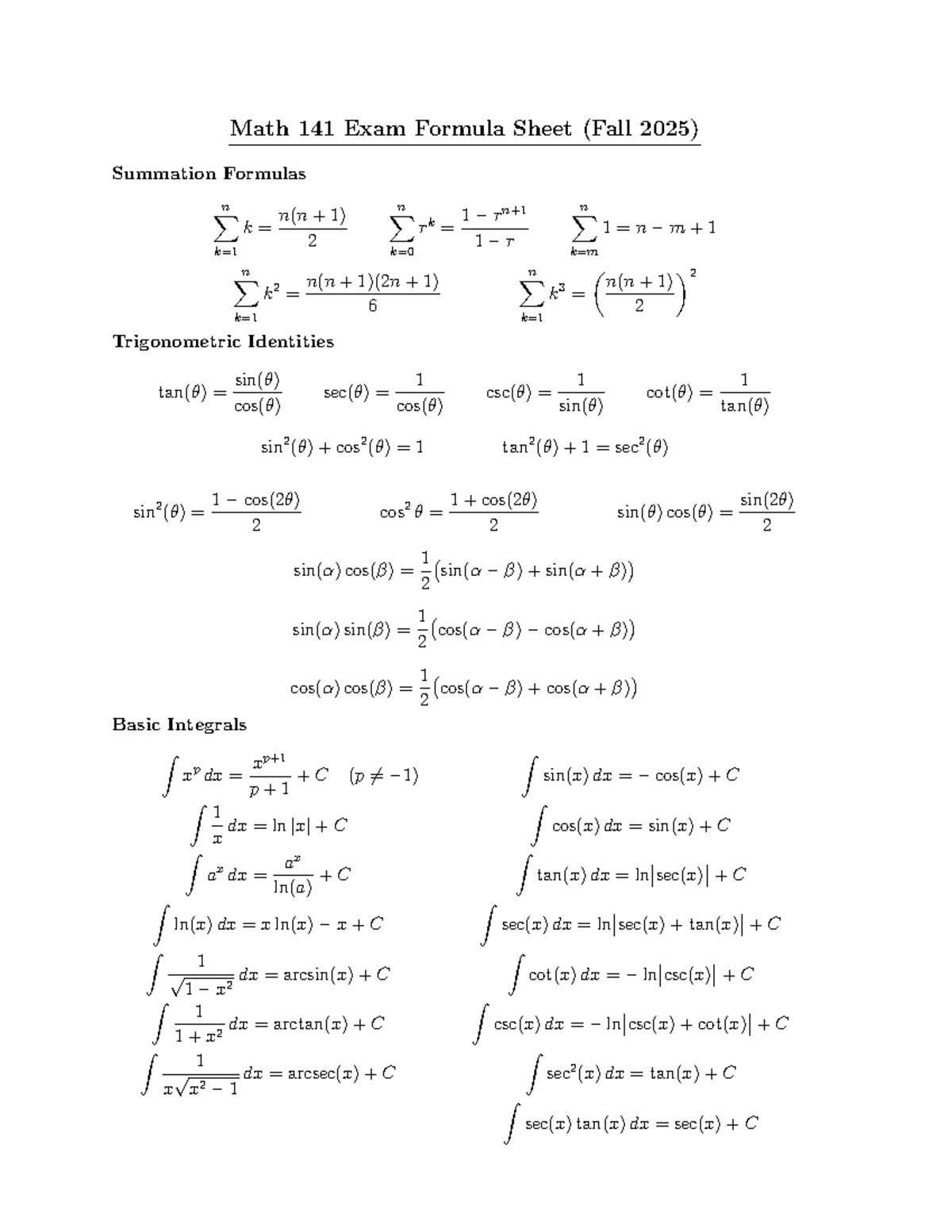 Math 141 Final Exam Formula Sheet (Fall 2025) - Studocu