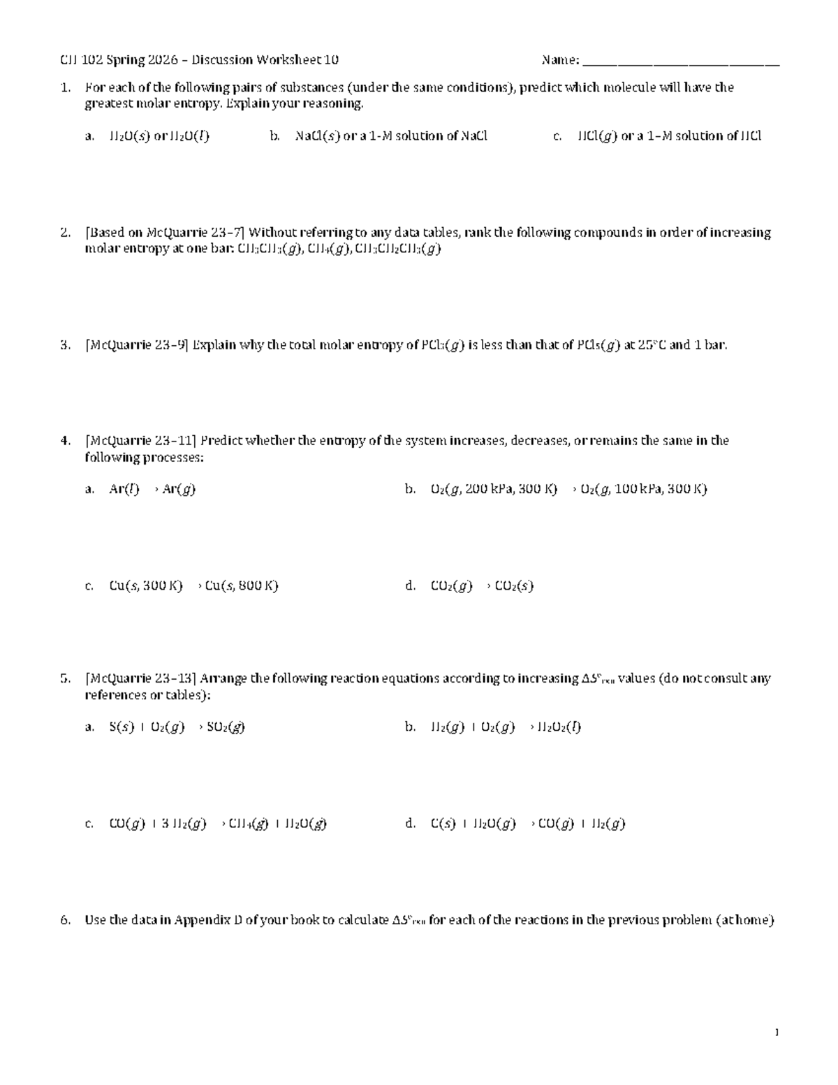 CH 102 Spring 2026 Discussion Worksheet 10: Molar Entropy Predictions ...