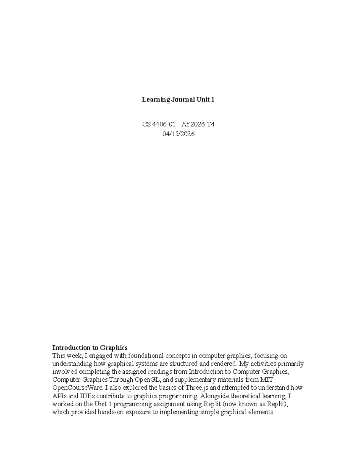 Learning Journal Unit 1: CS Introduction to Graphics Insights - Studocu