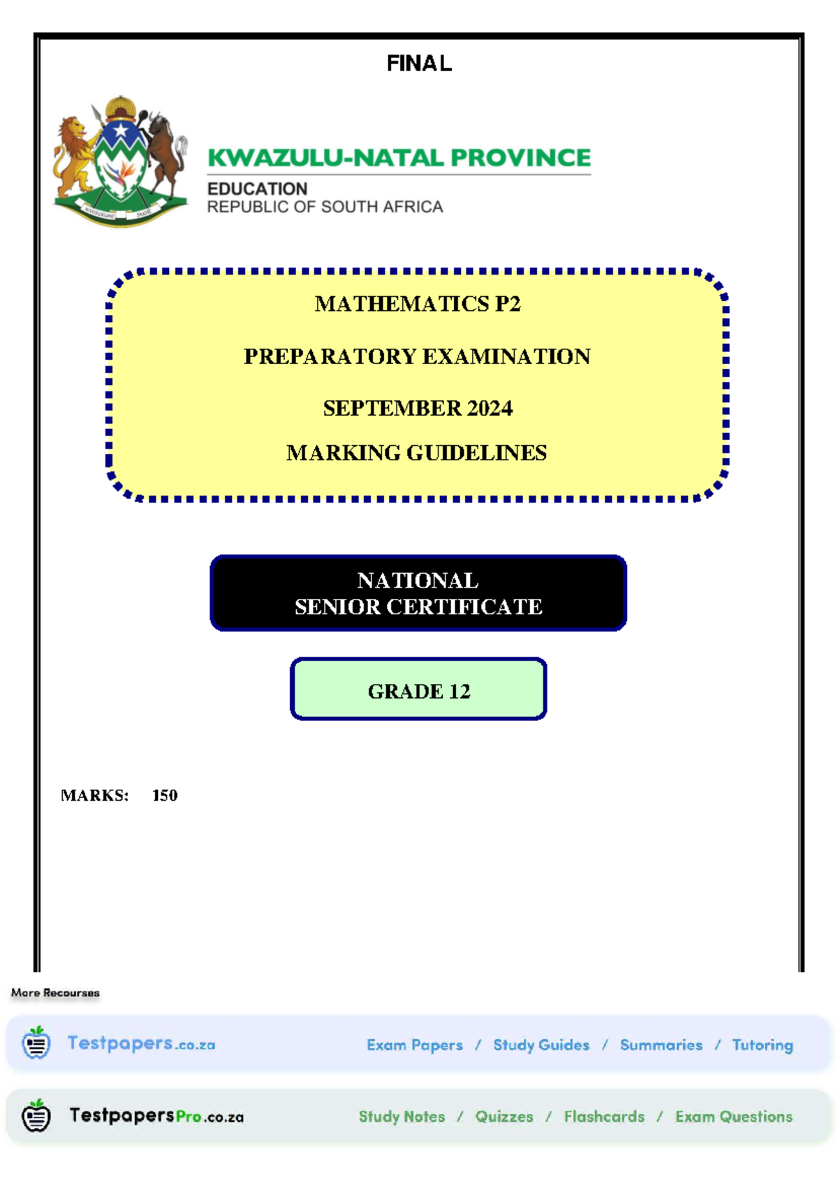 KZN GRADE 12 MATHEMATICS P2 FINAL EXAM SEPT 2024 MARKING GUIDELINES ...