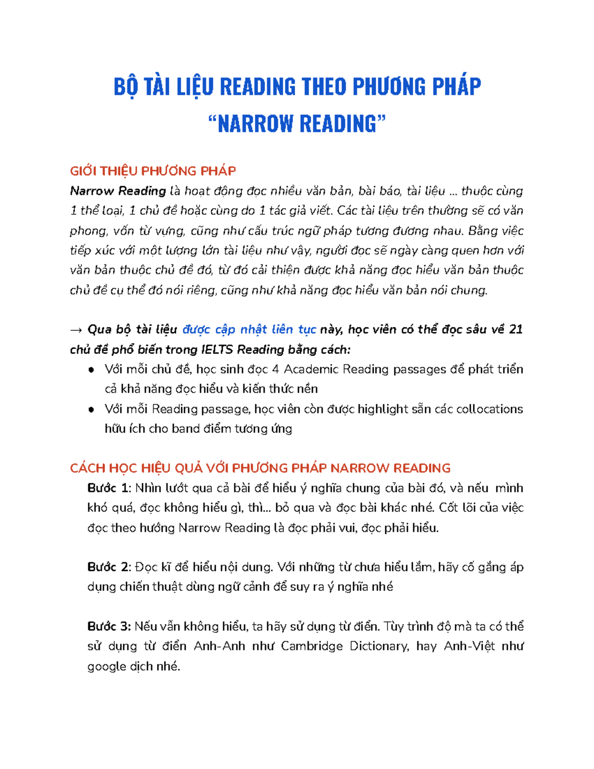 PREP - NARROW READING: PHƯƠNG PHÁP ĐỌC HIỂU IELTS - Studocu
