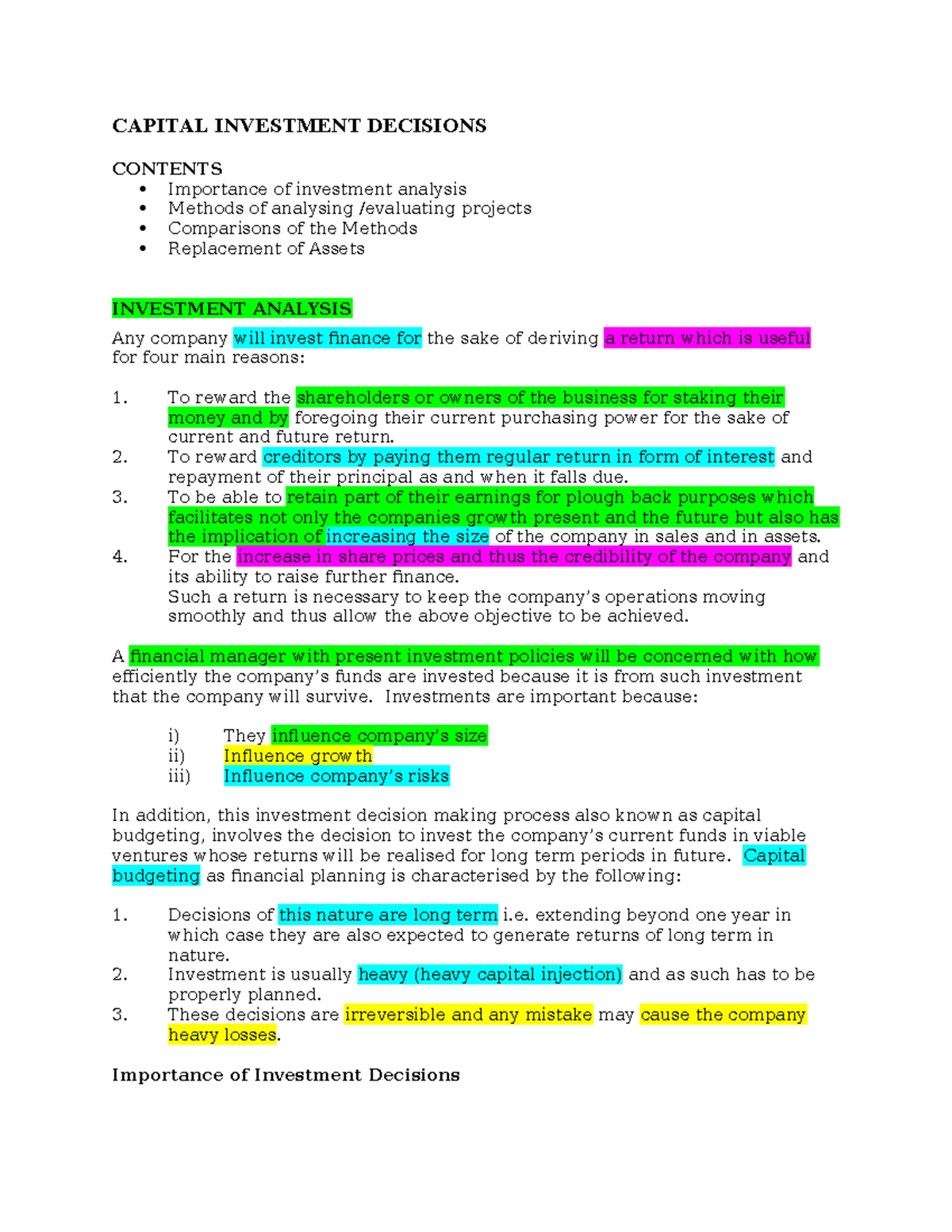 Capital Investment Decisions: Analysis & Methods (FIN 301) - Studocu