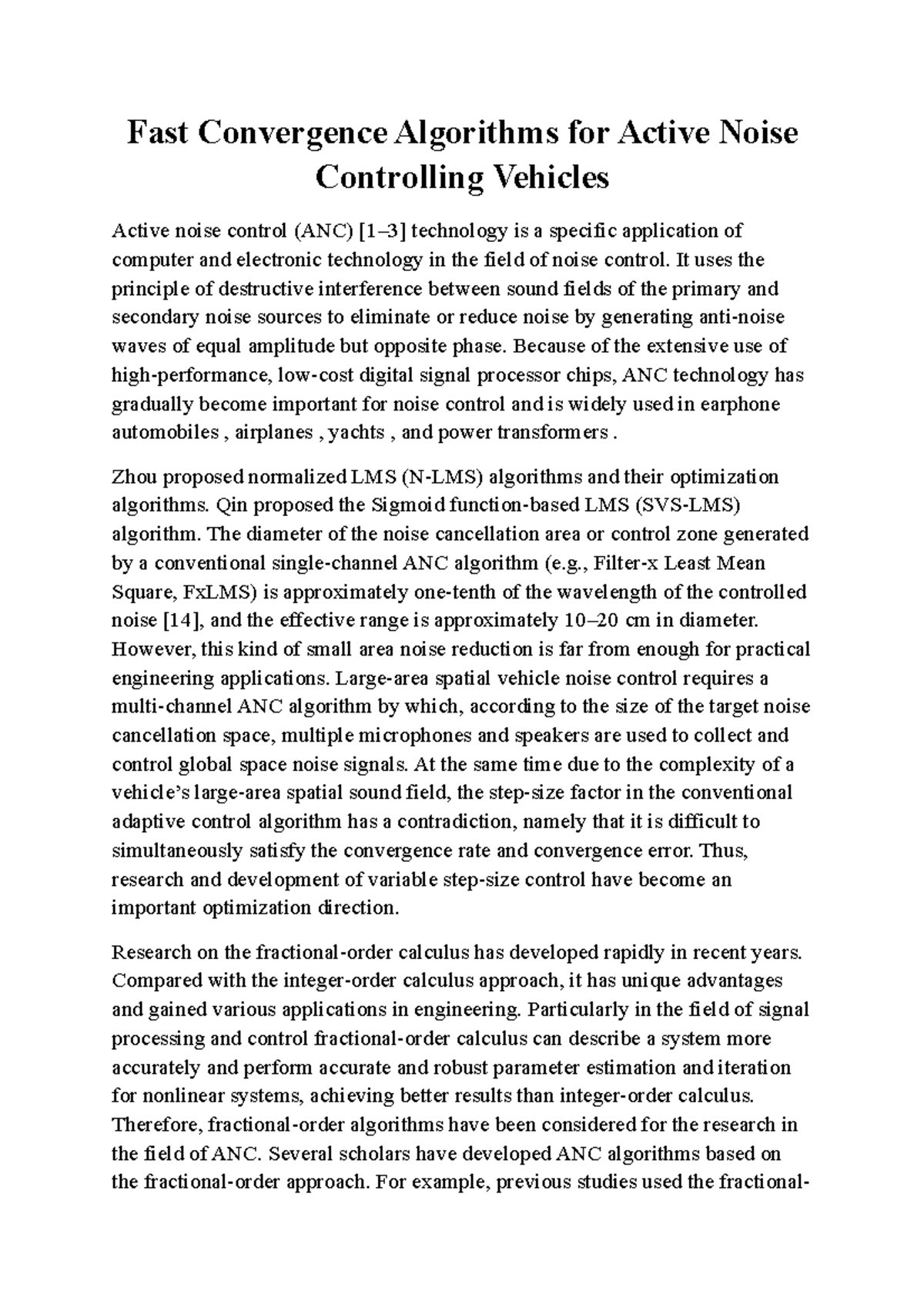 Fast Convergence ANC Algorithms for Noise Control in Vehicles - Studocu
