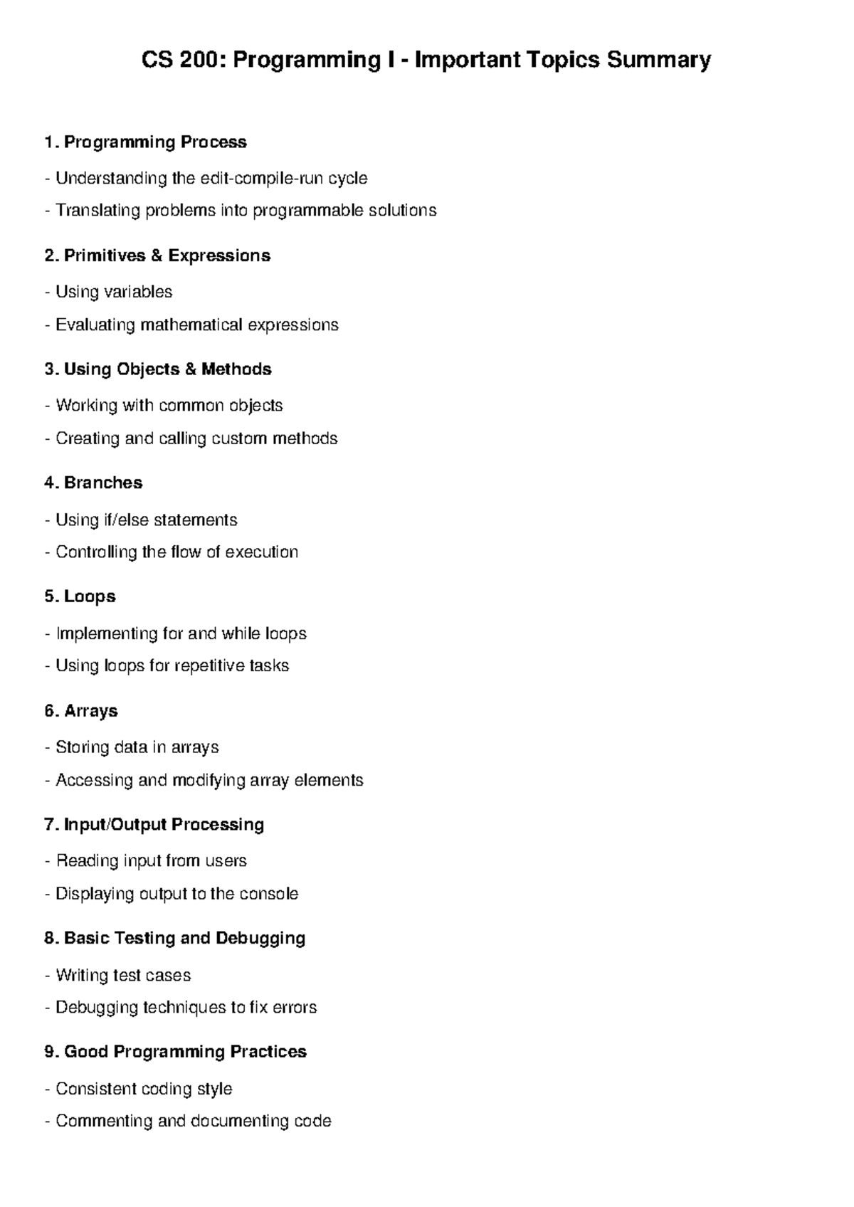 CS200 Important Topics Overview for Programming I - Studocu
