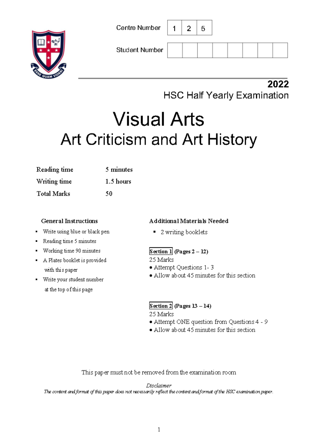 PAST Paper 12VA 2022 HSC Half Yearly Exam Visual Arts - Studocu