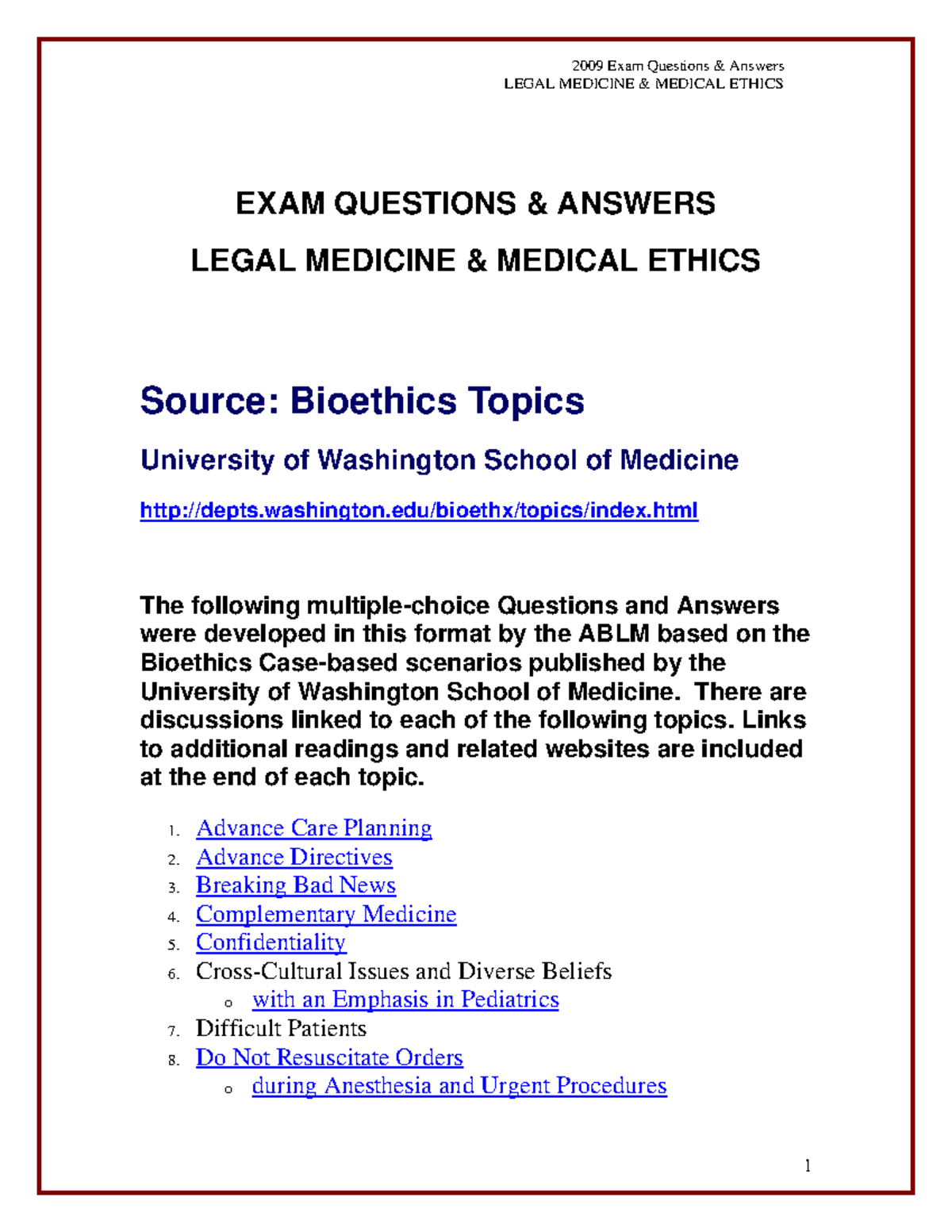 Legal Medicine & Medical Ethics Exam Q&A Summary (MED 101) - Studocu
