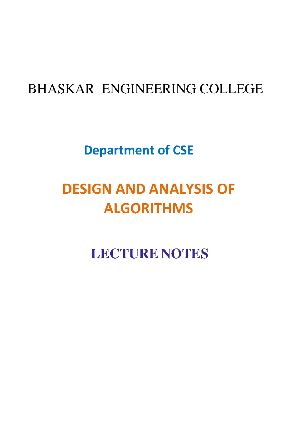 DAA - Design and Analysis of Algorithms Lecture Notes (B.Tech CSE ...