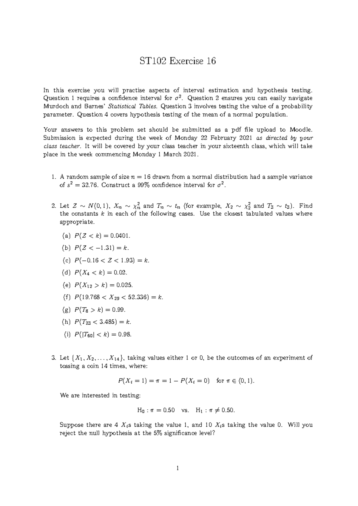 ST102 Exercise 16 - Interval Estimation & Hypothesis Testing - Studocu