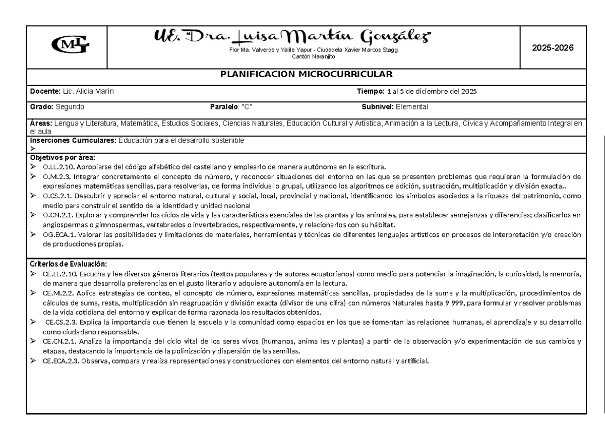 Planificación Microcurricular 2do Grado - Semana 3 (1-5 Dic 2025) - Studocu