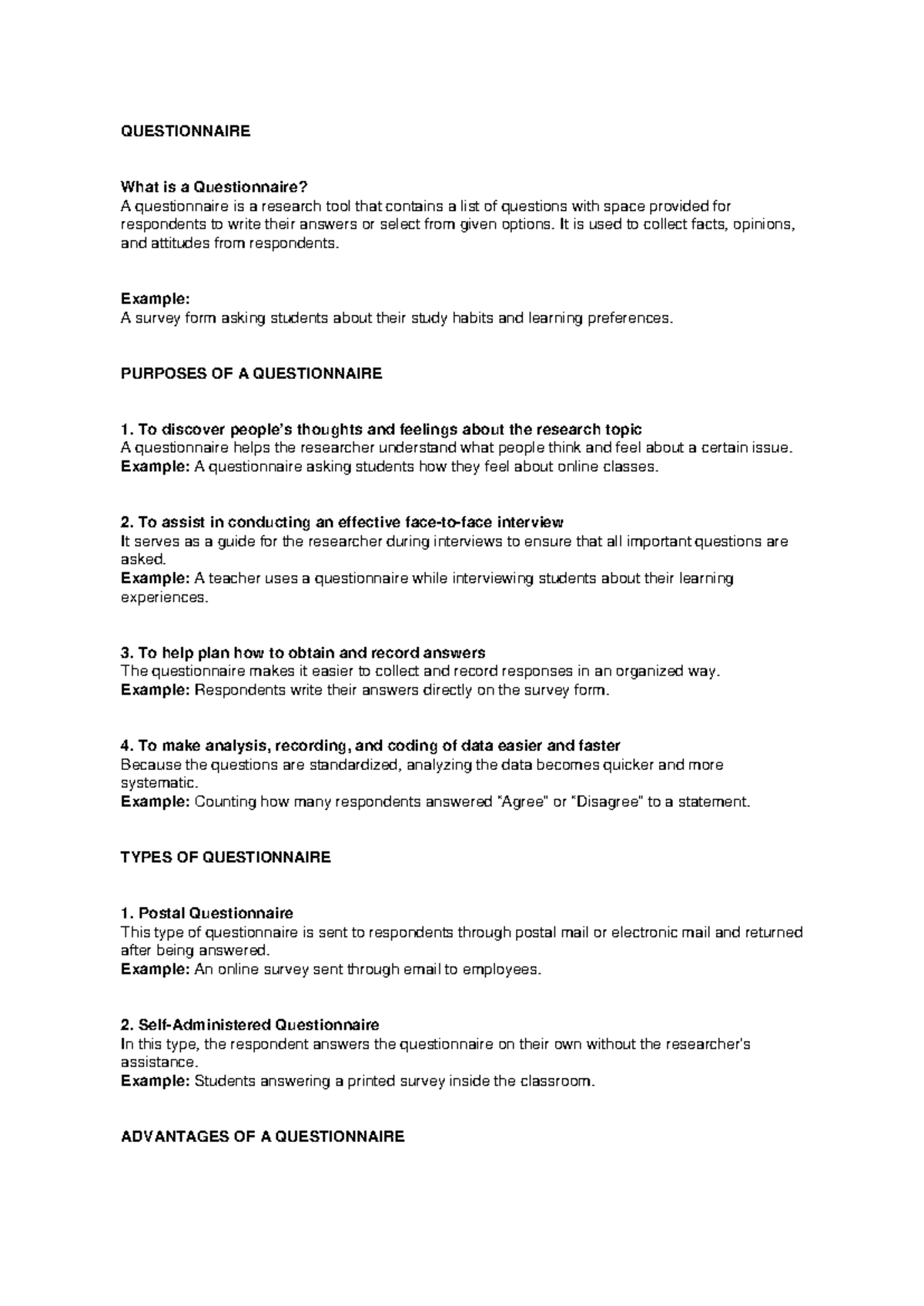 Understanding Questionnaires: Purpose, Types, and Advantages - Studocu