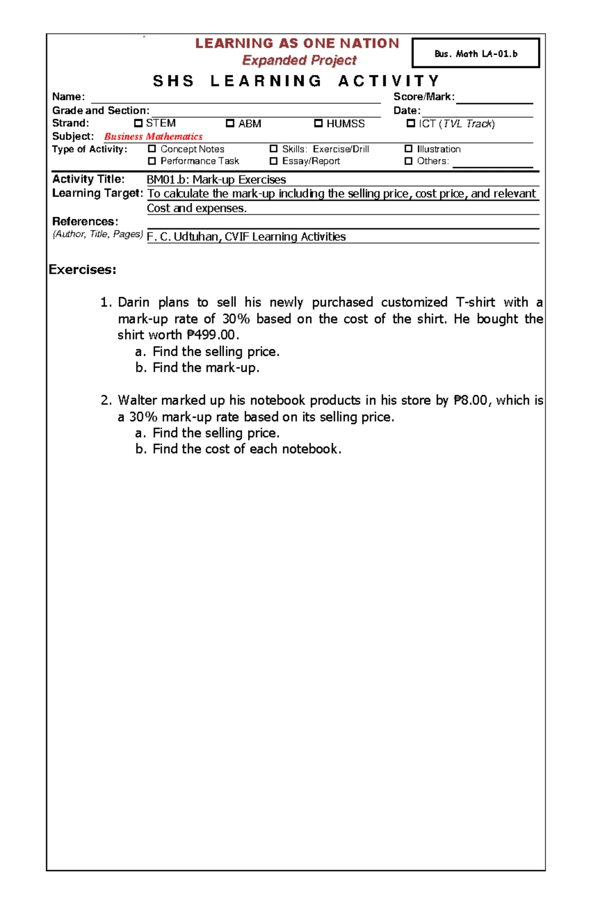Bus. Math LAS 1a: Mark-up Calculation Exercises for STEM - Studocu